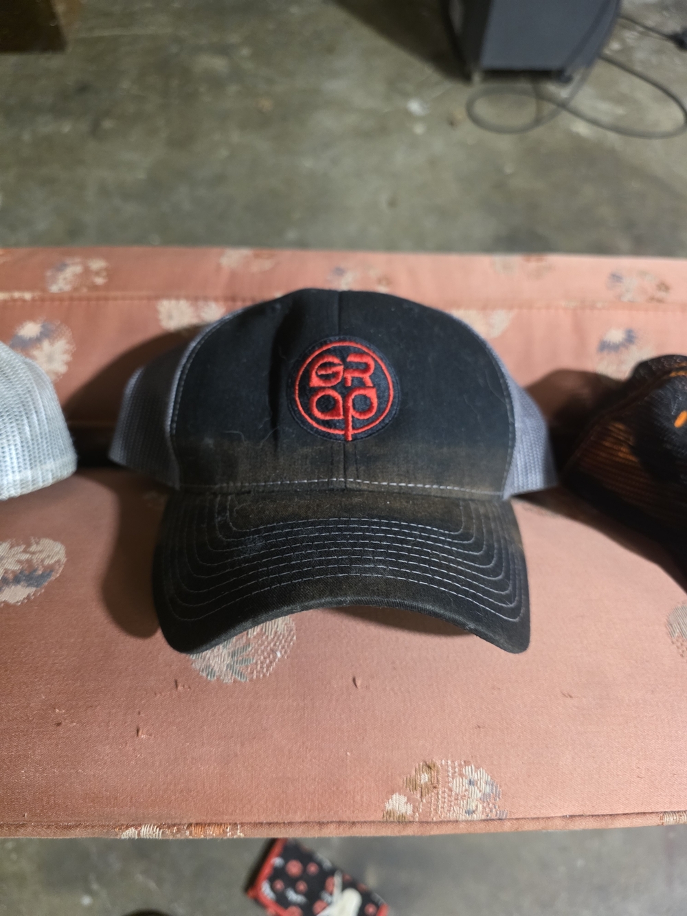 Black and Gray Trucker Hat with Red Logo - Men’s Adjustable Cap